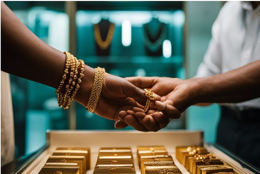Customer selling gold jewellery at a gold buyer counter