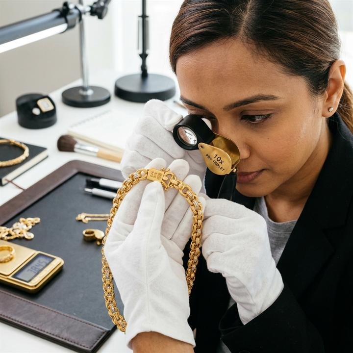 Gold appraiser inspecting jewellery with loupe magnifying lens